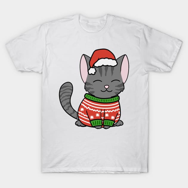 Christmas Sweater Black Tabby Cat T-Shirt by BiscuitSnack